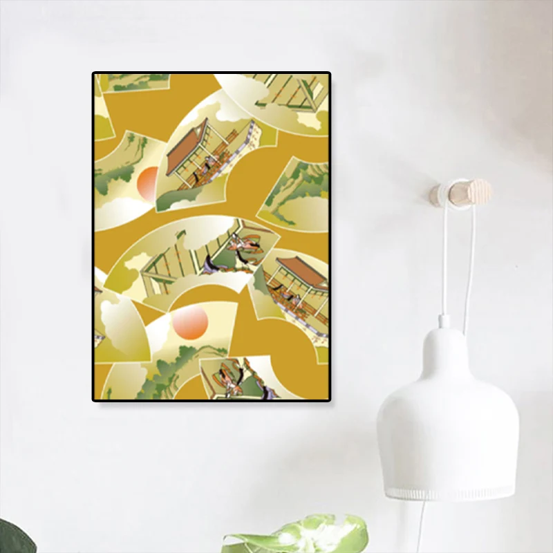 Ilustración de la casa antigua china, lienzo impreso, decoración de pared de color suave texturizada Amarillo Clearhalo