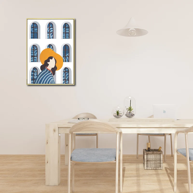 Ilustración de moda mujer lienzo arte de pared para niñas sala de estar, color pastel Azul Clearhalo