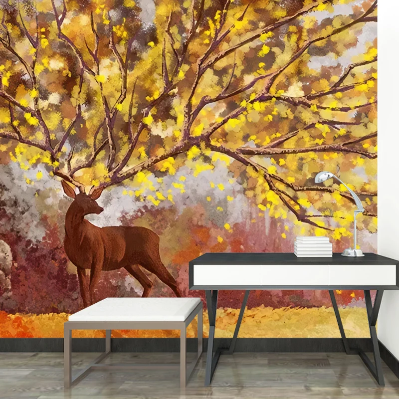 Ilustración mural de ciervos y árboles, decoración de pared de tamaño completo para galerí, impreso medida Amarillo Clearhalo