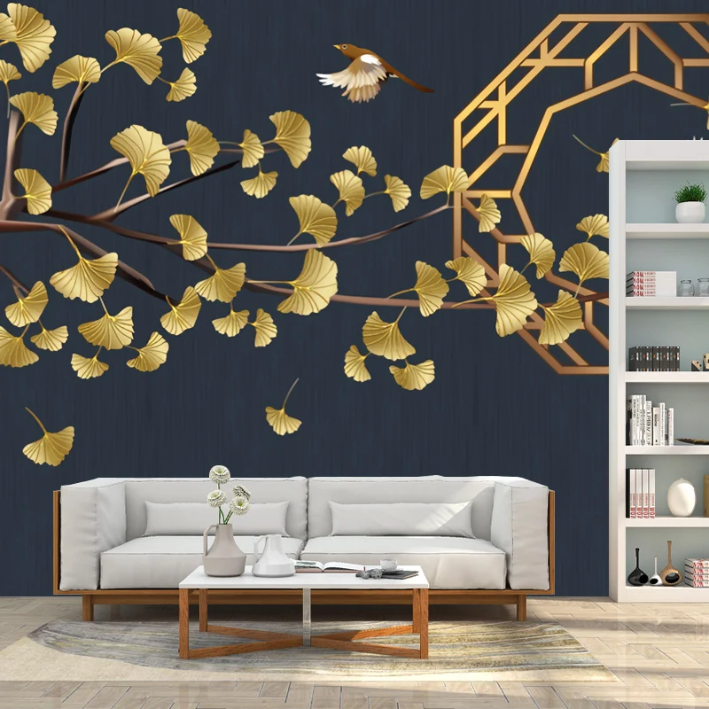 Ilustración Mural de Ginkgo y Pájaro Papel Pintado para Decoración de Restaurante, Azul Oscuro Azul Clearhalo