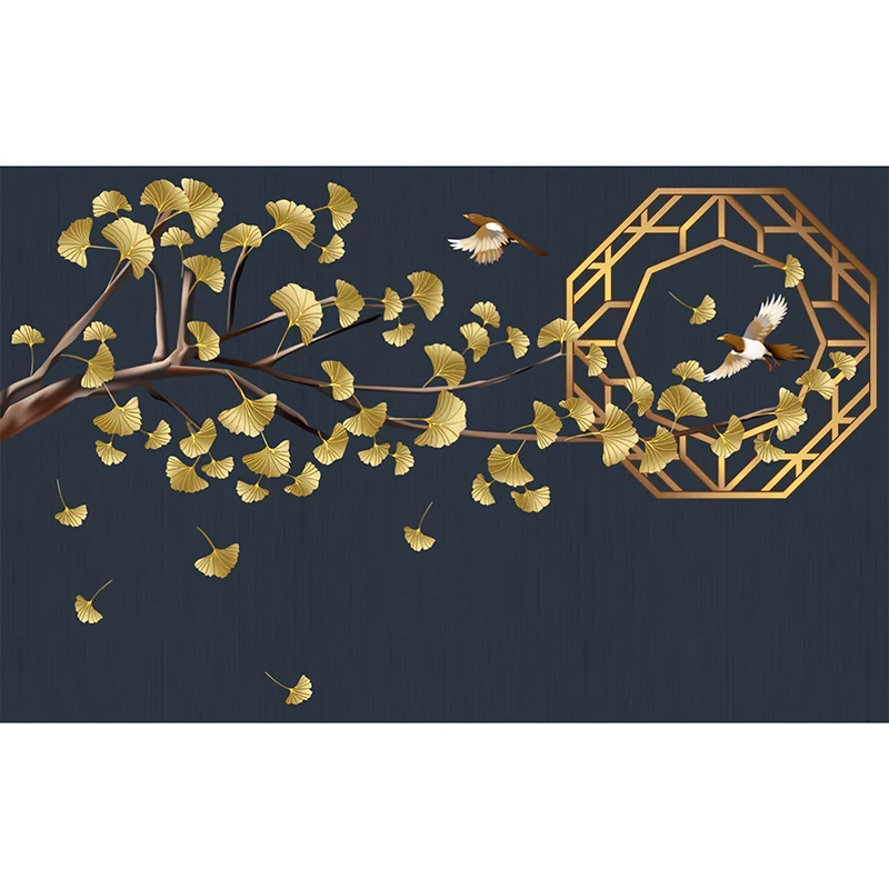 Ilustración Mural de Ginkgo y Pájaro Papel Pintado para Decoración de Restaurante, Azul Oscuro Azul Clearhalo