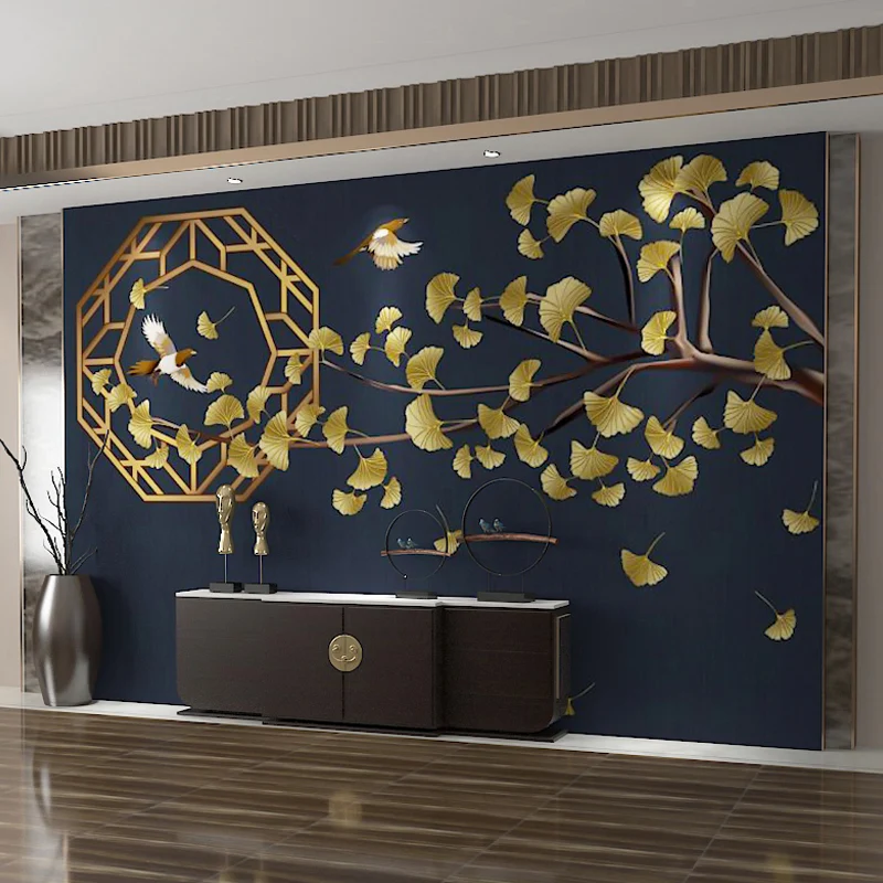 Ilustración Mural de Ginkgo y Pájaro Papel Pintado para Decoración de Restaurante, Azul Oscuro Azul Clearhalo