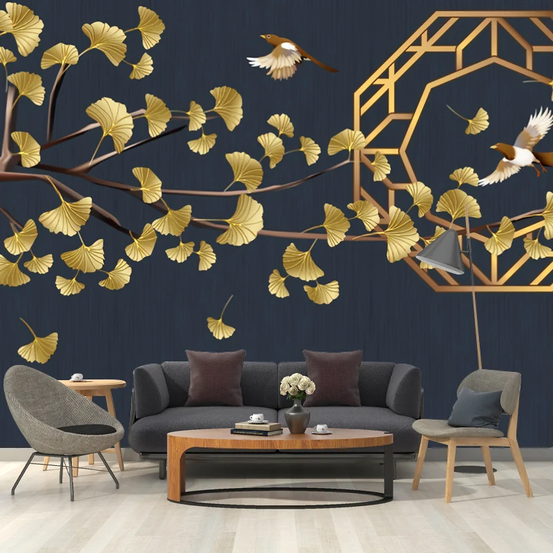 Ilustración Mural de Ginkgo y Pájaro Papel Pintado para Decoración de Restaurante, Azul Oscuro Azul Clearhalo