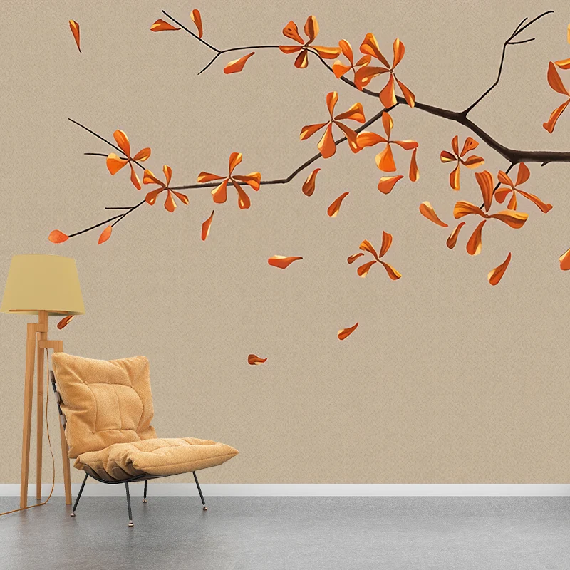 Ilustración Mural de pared de hoja de otoño para sala de estar, rojo y marrón, tamaño personalizado disponible Marron Clea...