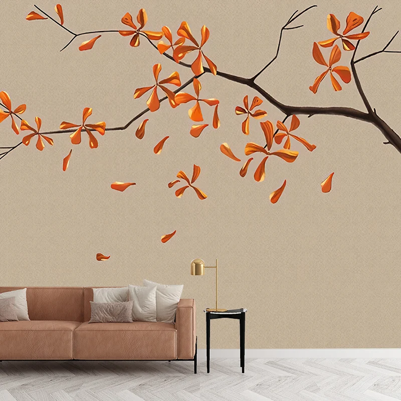 Ilustración Mural de pared de hoja de otoño para sala de estar, rojo y marrón, tamaño personalizado disponible Marron Clea...