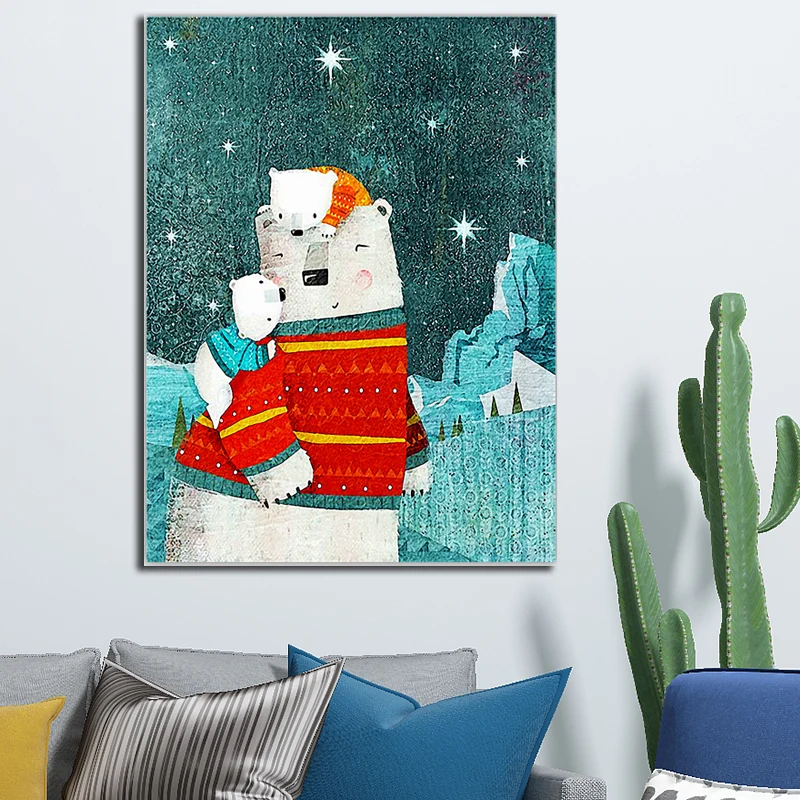 Ilustración de oso polar, impresión artística de pared para sala de estar, color suave, superficie texturizada Azul Clearhalo