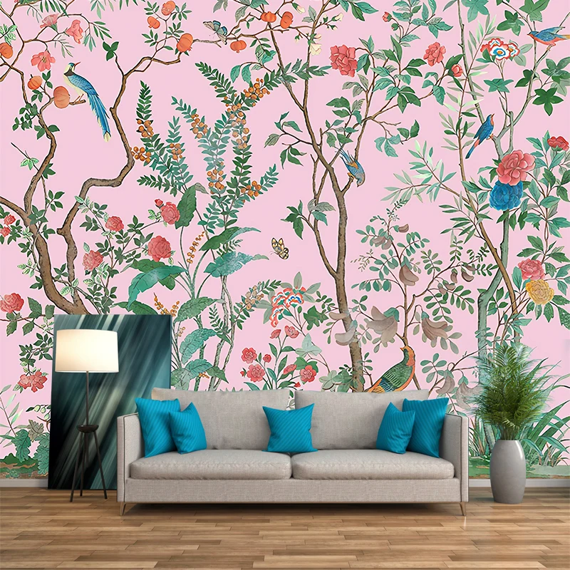Ilustración personalizada Murales elegantes con estampado de pájaros y arbustos de flores en colores suaves Azul Clearhalo