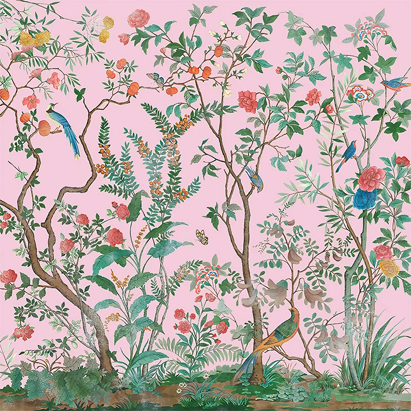 Ilustración personalizada Murales elegantes con estampado de pájaros y arbustos de flores en colores suaves Azul Clearhalo