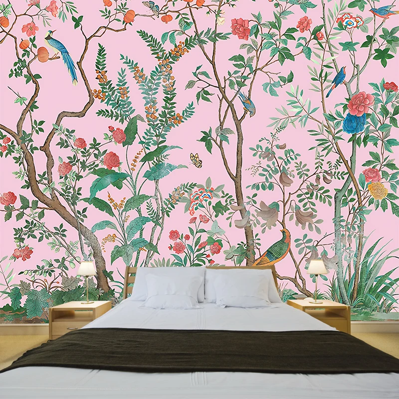 Ilustración personalizada Murales elegantes con estampado de pájaros y arbustos de flores en colores suaves Azul Clearhalo