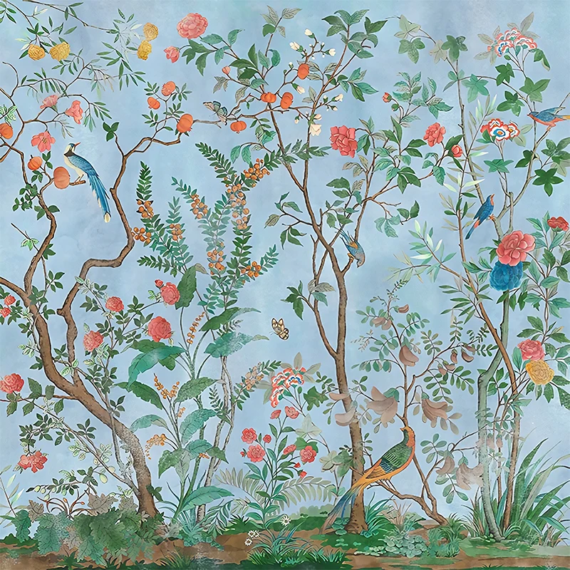 Ilustración personalizada Murales elegantes con estampado de pájaros y arbustos de flores en colores suaves Azul Clearhalo