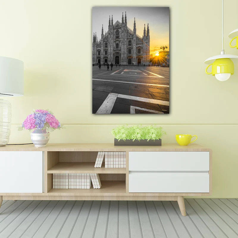 Impresión artística con vista al atardecer de arquitectura, lienzo encantador y emblemático de inspiración global en color...