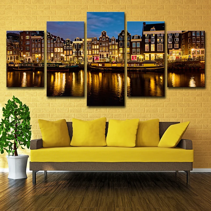 Impresión artística del paisaje nocturno del Canal de Ámsterdam, decoración moderna de pared para sala de estar de varias...