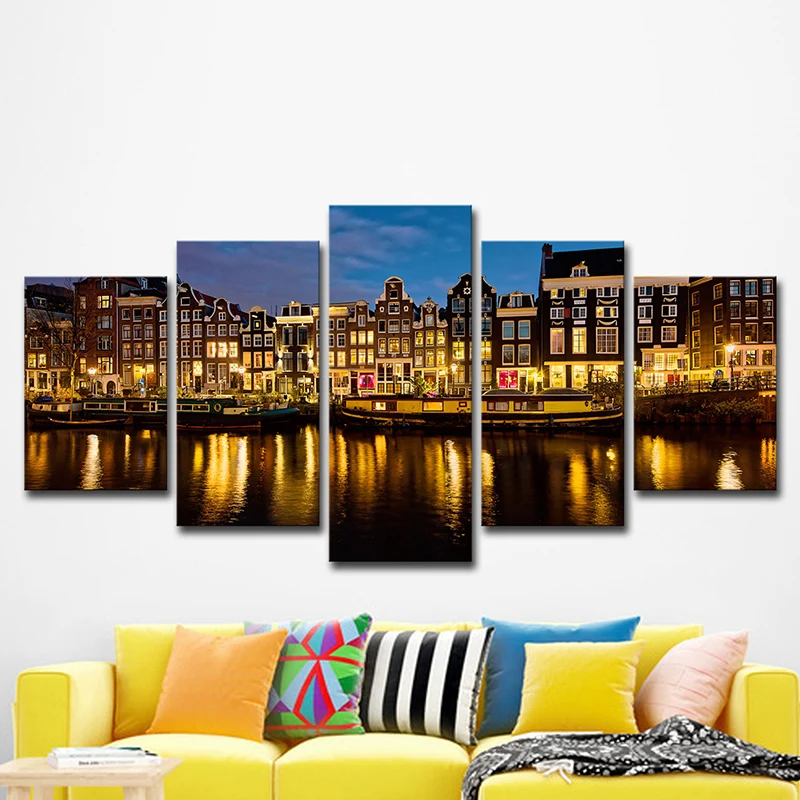 Impresión artística del paisaje nocturno del Canal de Ámsterdam, decoración moderna de pared para sala de estar de varias...