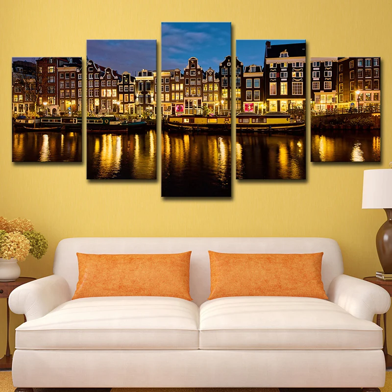 Impresión artística del paisaje nocturno del Canal de Ámsterdam, decoración moderna de pared para sala de estar de varias...