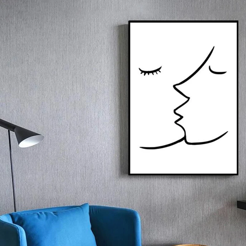 Impresión artística de pared en lienzo con textura de dos personajes besándose, estilo escandinavo Blanco Clearhalo