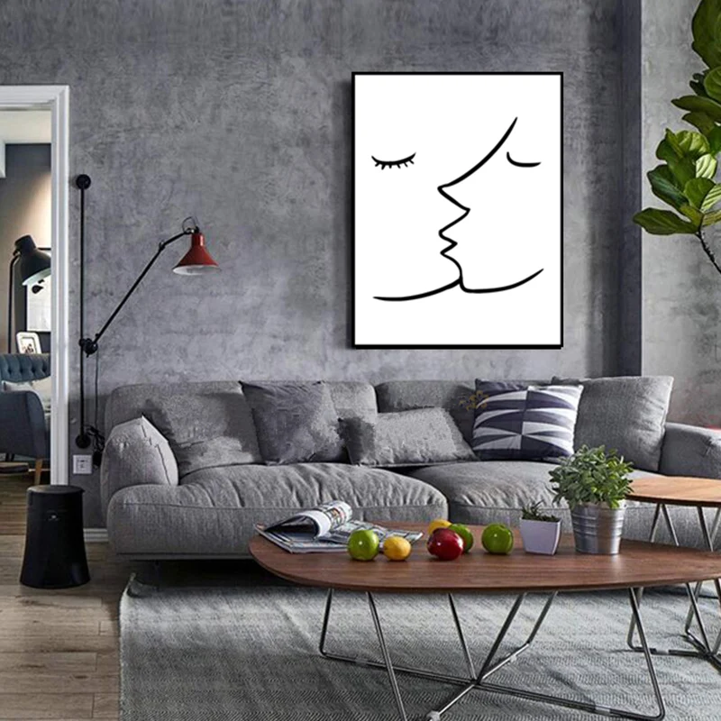 Impresión artística de pared en lienzo con textura de dos personajes besándose, estilo escandinavo Blanco Clearhalo