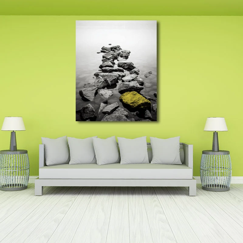 Impresión fotográfica sobre lienzo de piedras de río para sala de estar, gris y amarillo, texturizado Amarillo Clearhalo