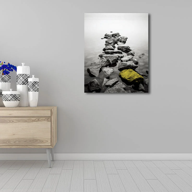 Impresión fotográfica sobre lienzo de piedras de río para sala de estar, gris y amarillo, texturizado Amarillo Clearhalo
