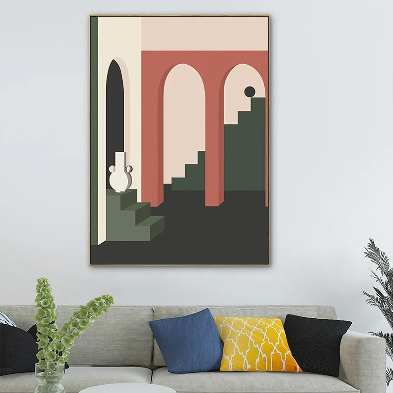 Impresión en lienzo con dibujo en perspectiva de arquitectura, arte de pared nórdico de Color oscuro para habitación famil...