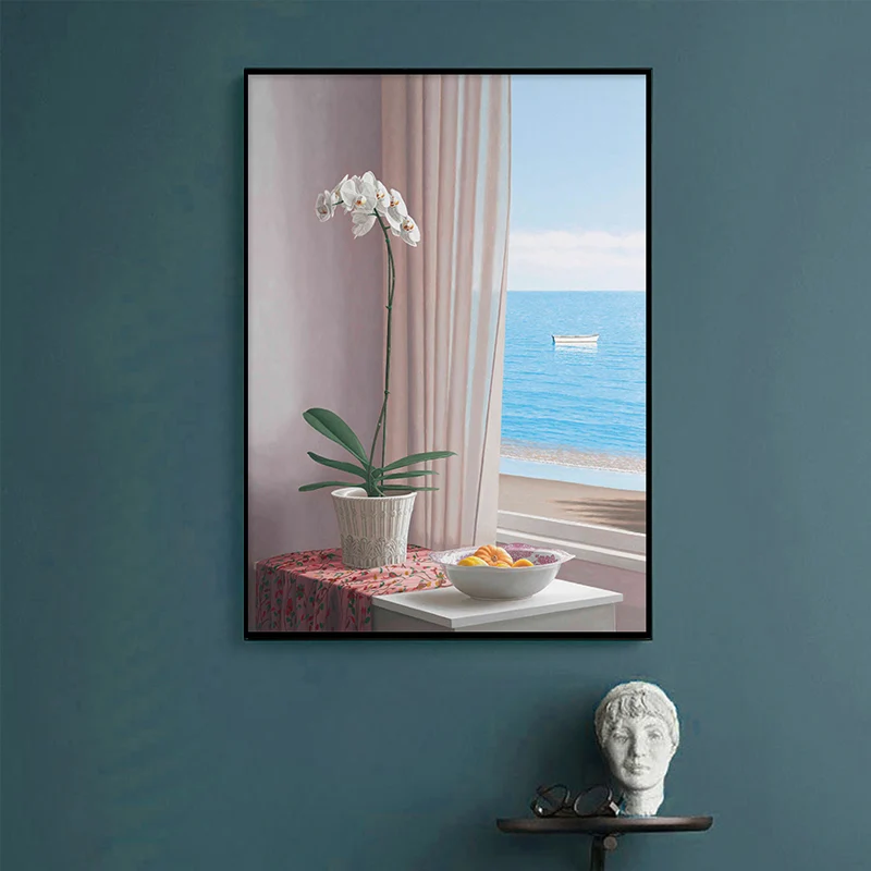 Impresión en lienzo con textura escandinava de flores decorativas para pared de macetas azules para sala de estar Azul Cle...