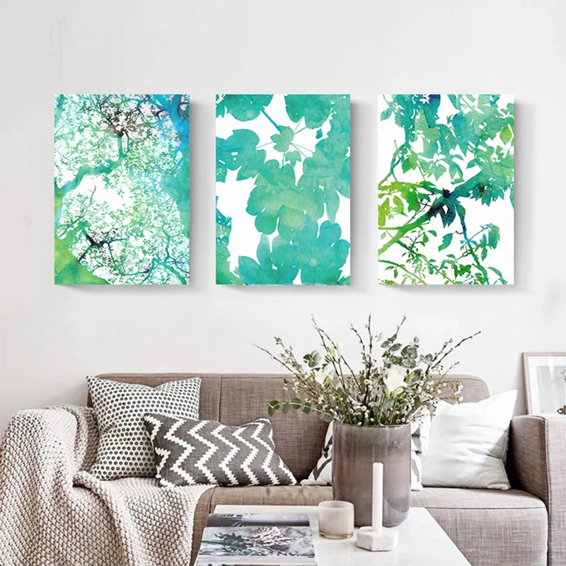 Impresión en lienzo contemporánea, pintura de hojas botánicas verdes, juego de 3, varios tamaños Verde Clearhalo