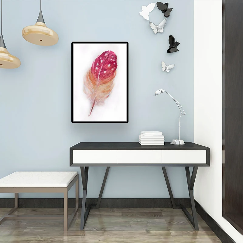 Impresión en lienzo de dormitorio de estilo nórdico texturizado de decoración artística de pared de plumas en rojo sobre b...