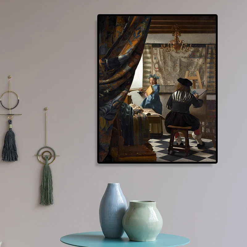 Impresión en lienzo de estilo Retro, decoración de pared para dormitorio, color marrón, Jan Vermeer, el arte de pintar Mar...