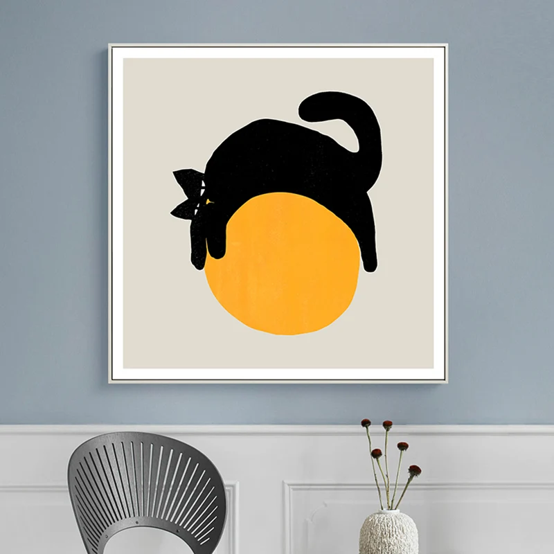 Impresión en lienzo de gato sobre la pelota, arte de pared para dormitorio infantil texturizado de estilo nórdico en amari...