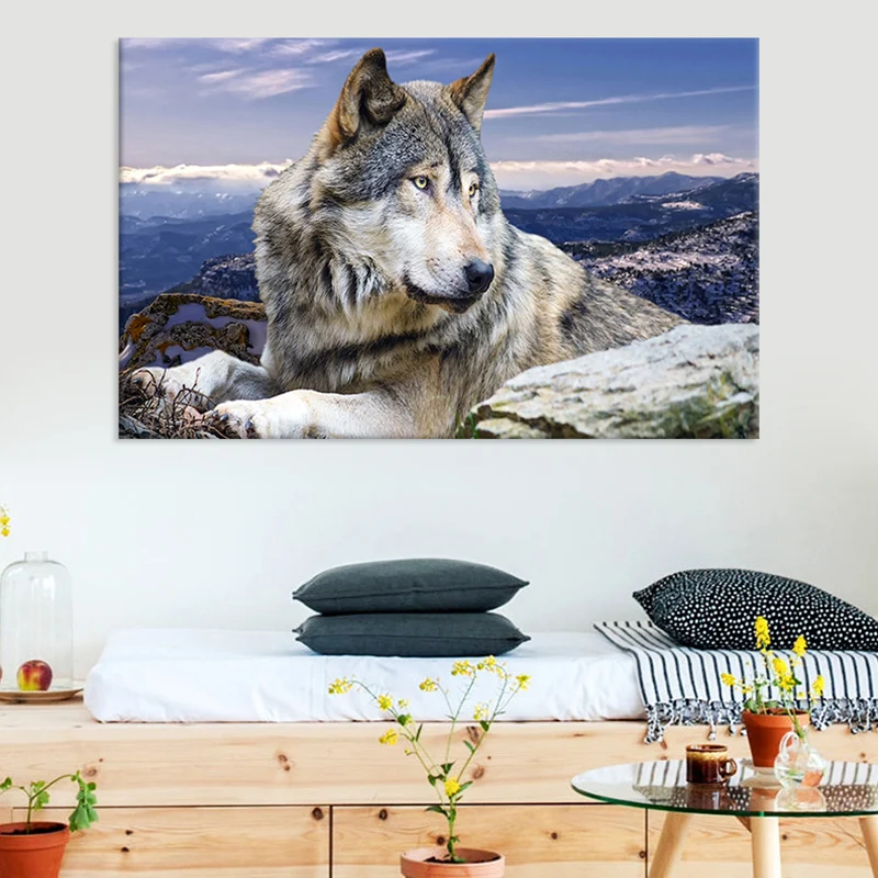Impresión en lienzo de lobo contemporáneo, decoración artística de pared azul para sala de estar, superficie texturizada A...