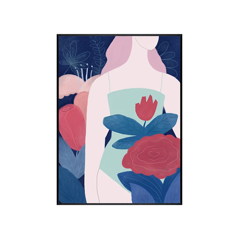 Impresión en lienzo de mujer con flores, figura de pasillo, decoración artística de pared en rojo, texturizado Rojo Clearhalo