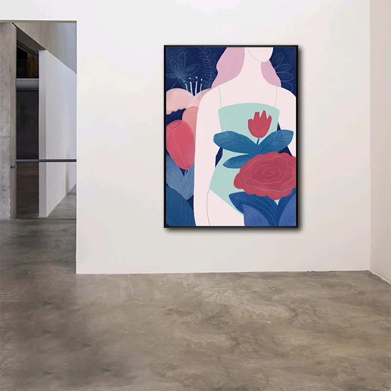 Impresión en lienzo de mujer con flores, figura de pasillo, decoración artística de pared en rojo, texturizado Rojo Clearhalo