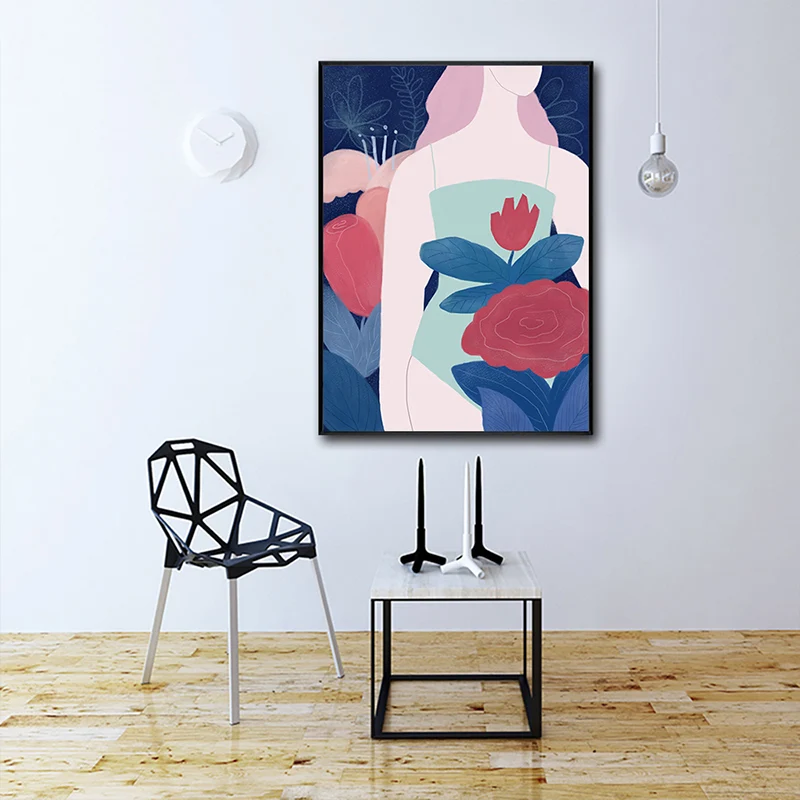 Impresión en lienzo de mujer con flores, figura de pasillo, decoración artística de pared en rojo, texturizado Rojo Clearhalo