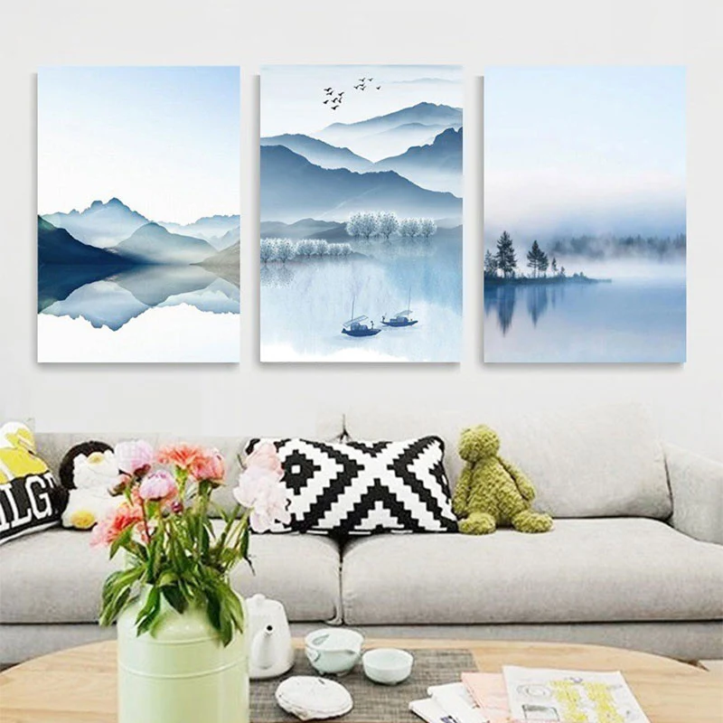 Impresión de lienzo de paisaje de río de montañ en conjunto de arte de pared chino azul para sala de estar Azul Clearhalo
