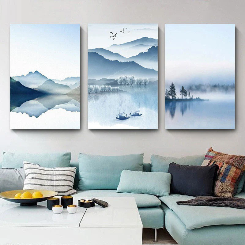 Impresión de lienzo de paisaje de río de montañ en conjunto de arte de pared chino azul para sala de estar Azul Clearhalo