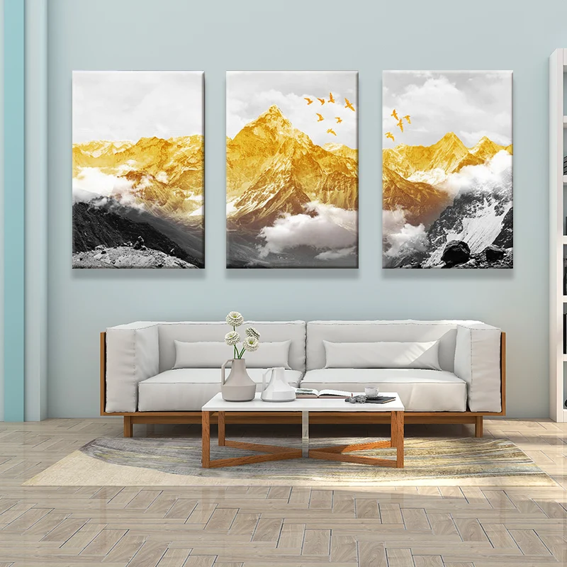 Impresión en lienzo de paisaje de montañ dorada, arte de pared para sala de estar glamuroso de varias piezas Oro Clearhalo