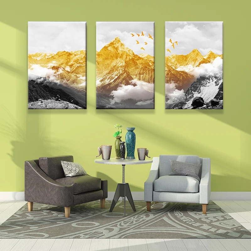 Impresión en lienzo de paisaje de montañ dorada, arte de pared para sala de estar glamuroso de varias piezas Oro Clearhalo