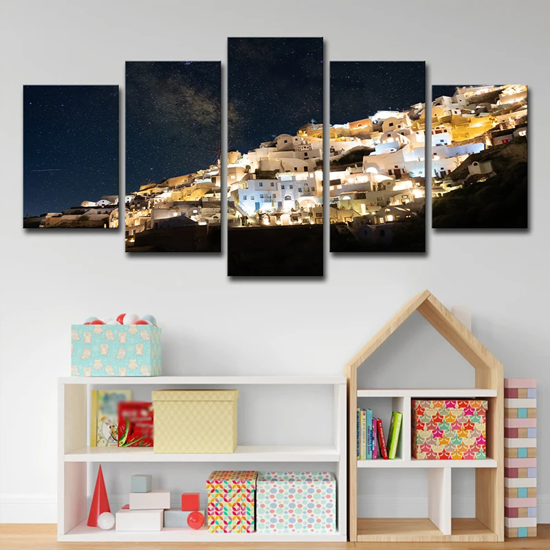 Impresión en lienzo de paisaje urbano nocturno, interior de la casa, arte de pared de la Ví Láctea en amarillo-azul Amaril...