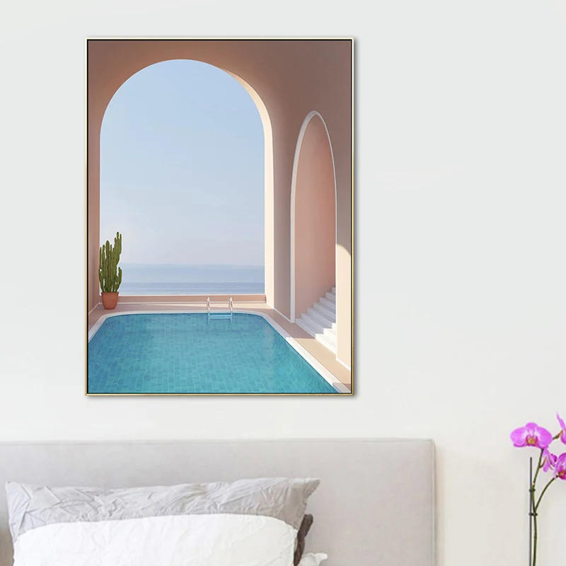 Impresión de lienzo texturizado escandinavo de decoración de arte de pared de edificio en rosa para sala de estar Rosa Cle...