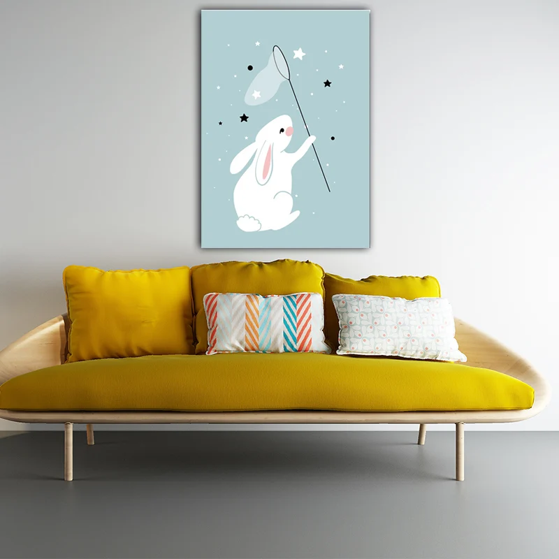 Impresiones artísticas modernas de pared en lienzo con estrellas atrapadas de conejos en azul para sala de estar (varios t...