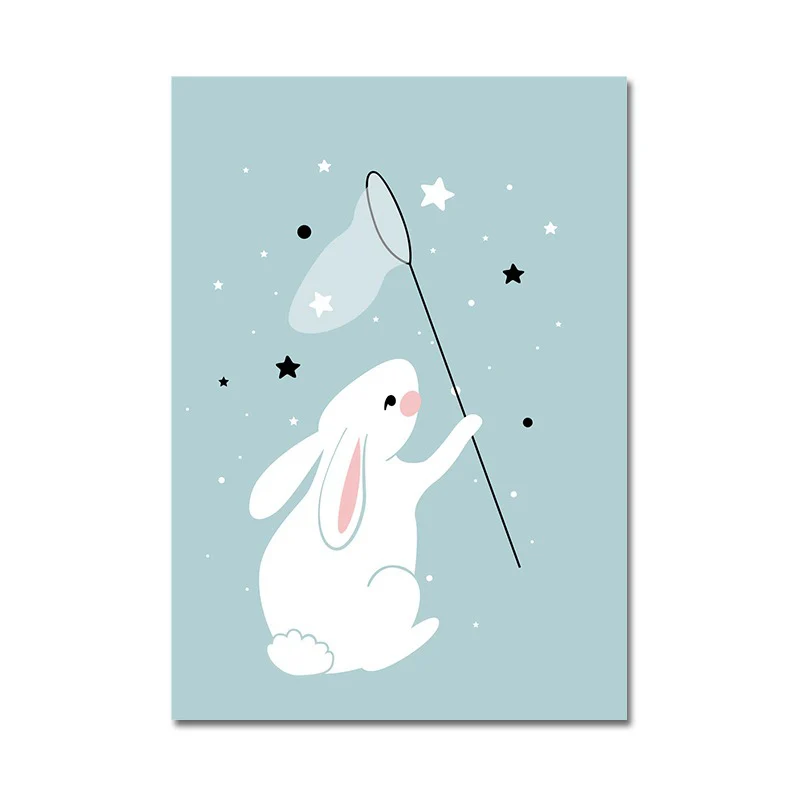 Impresiones artísticas modernas de pared en lienzo con estrellas atrapadas de conejos en azul para sala de estar (varios t...