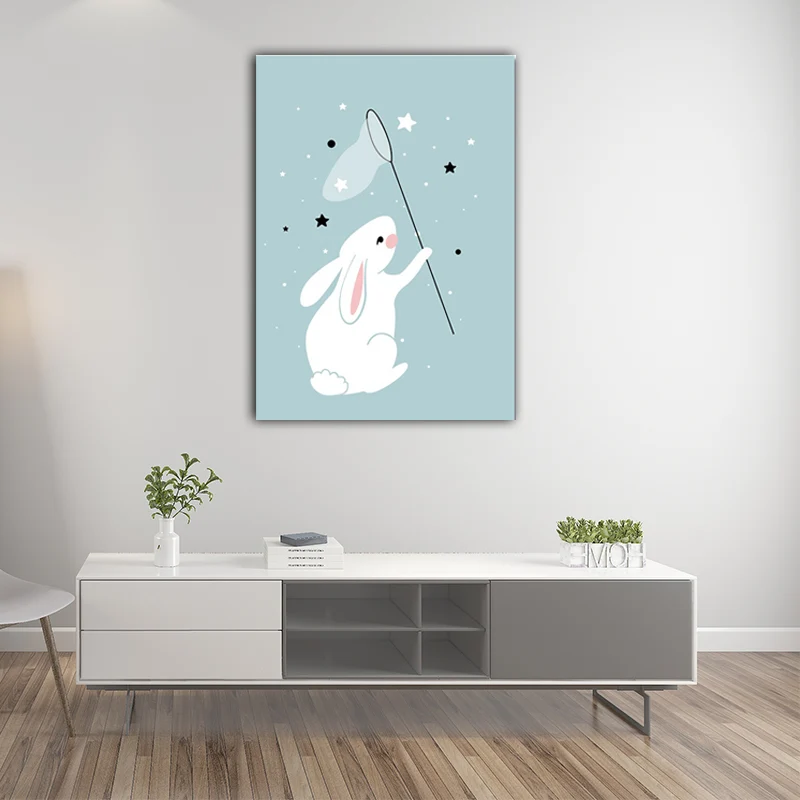 Impresiones artísticas modernas de pared en lienzo con estrellas atrapadas de conejos en azul para sala de estar (varios t...