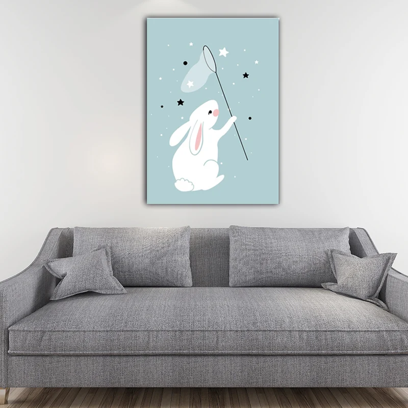 Impresiones artísticas modernas de pared en lienzo con estrellas atrapadas de conejos en azul para sala de estar (varios t...