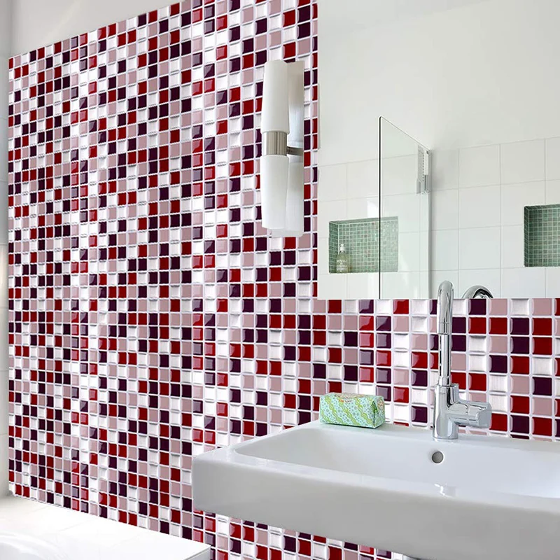 Juego de paneles de papel pintado de mosaico rojo ladrillo, arte de pared extraíble para baño, autoadhesivo Rojo Clearhalo