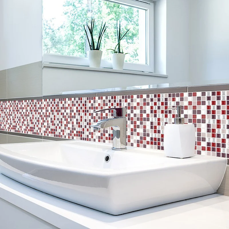 Juego de paneles de papel pintado de mosaico rojo ladrillo, arte de pared extraíble para baño, autoadhesivo Rojo Clearhalo