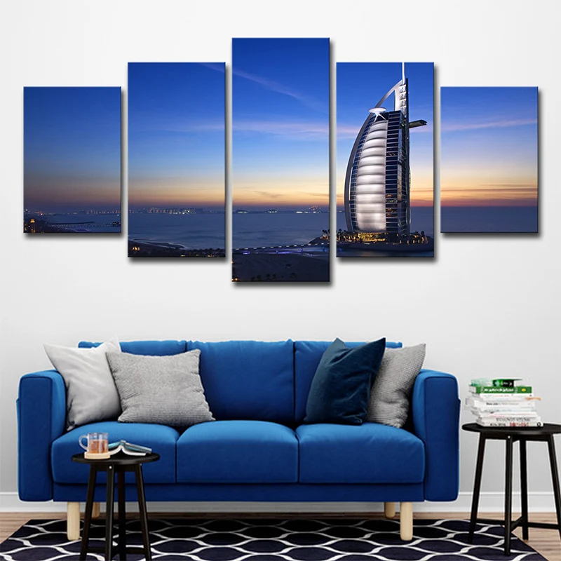 Landmark Wall Art Decor Room Burj Al Arab Hotel at Sunset Lienzo en azul, varias piezas Azul Clearhalo
