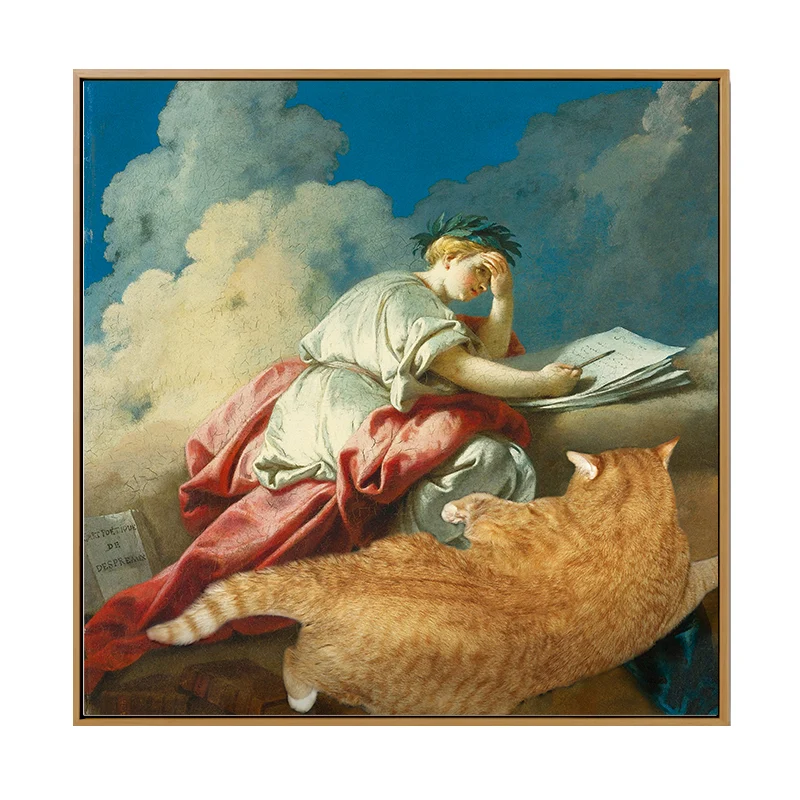 Lienzo amarillo texturizado, pintura tradicional de niño ángel y gato para sala de estar Amarillo Clearhalo