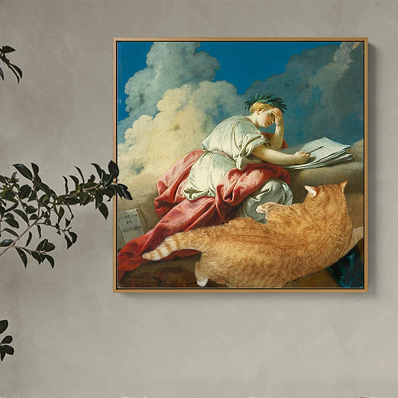 Lienzo amarillo texturizado, pintura tradicional de niño ángel y gato para sala de estar Amarillo Clearhalo