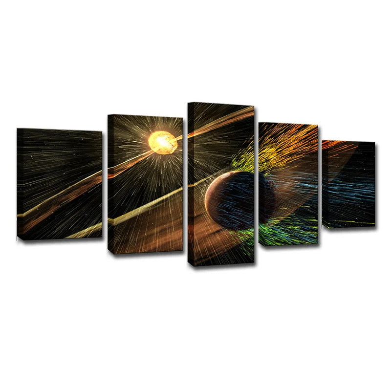 Lienzo artístico de pared con planetas espaciales ficticios, decoración de pared amarilla de varias piezas para sala de es...