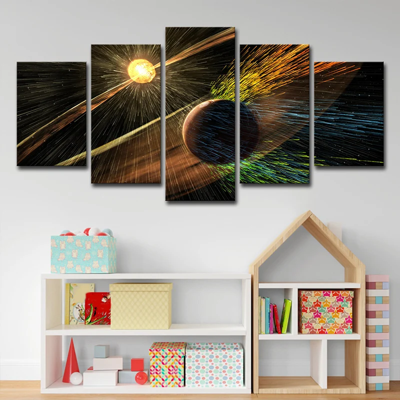 Lienzo artístico de pared con planetas espaciales ficticios, decoración de pared amarilla de varias piezas para sala de es...