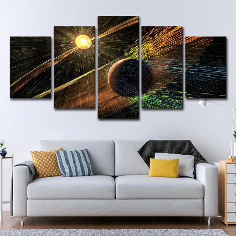 Lienzo artístico de pared con planetas espaciales ficticios, decoración de pared amarilla de varias piezas para sala de es...
